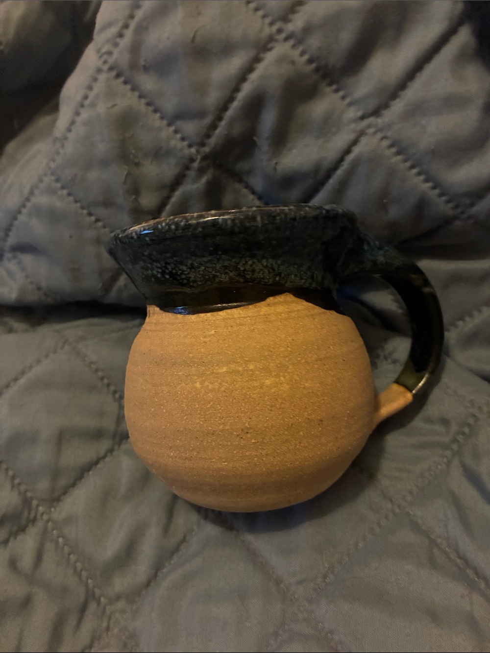 Two-Tone Ceramic Pitcher with Dark Blue Glaze and Natural Clay